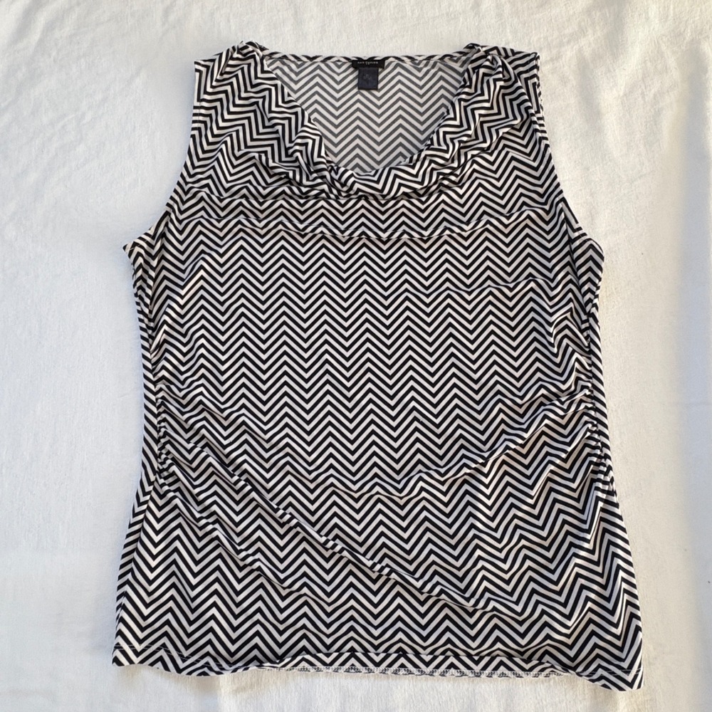 Ann Taylor‎ XL Black White Chevron Cowl Neck Sleeveless Ruched Blouse 11-340855